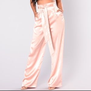 Blush satin wide leg pants